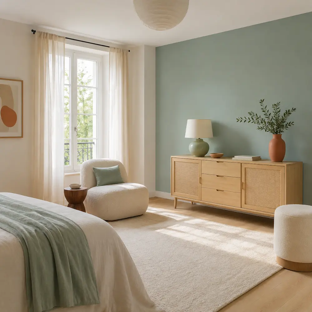 Proportions entre mur, meuble et accessoires céladon